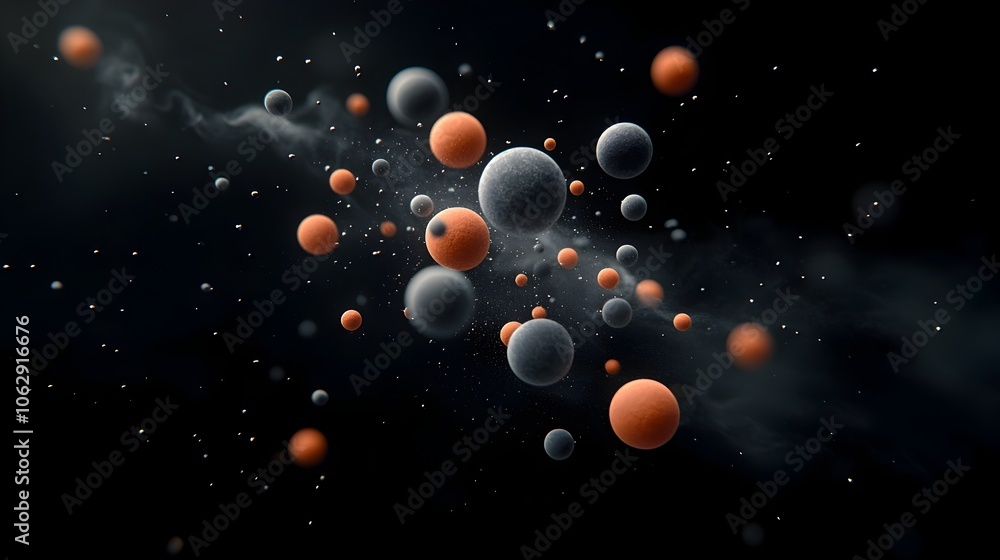 Poster captivating digital art rendering of striking molecular formations featuring spherical shapes disper