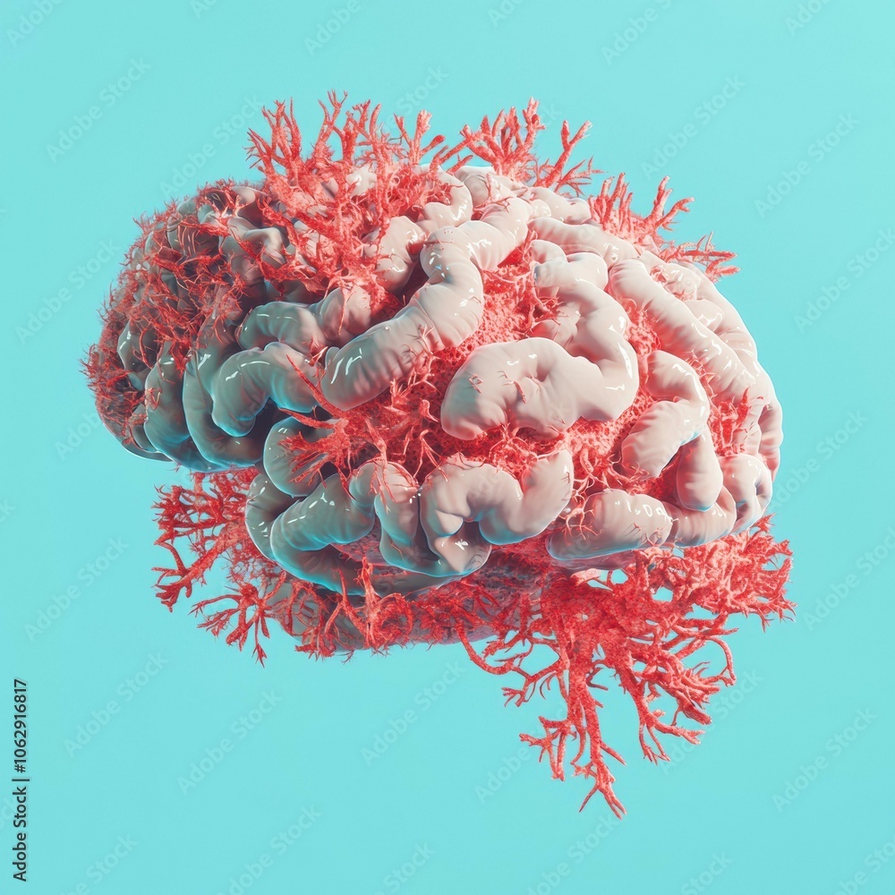 Poster a 3d rendering of a human brain with its intricate vascular system. ai.