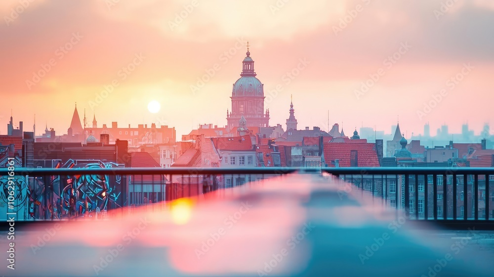 Poster vibrant sunset over city skyline with soft clouds and distant architecture.