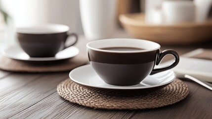 Coffee elegantly presented in dark brown and white cups, perfect for any setting. This coffee setup invites warmth and relaxation with ample copy space for your creative needs.