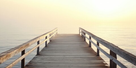 Fototapeta premium Peaceful seaside landscape during sunset showcasing a wooden pier. The tranquil coastal view highlights the beauty of the sunset over the calm waters.