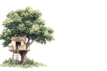 Fototapeta premium Treehouse nestled in a lush tree, perfect for adventure and imagination, white isolated background.