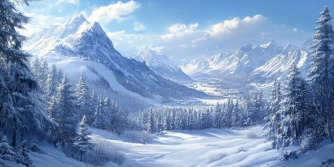 Obraz premium A winter scene features a mountain range alongside picturesque countryside, with trees blanketed in snow, creating a beautiful widescreen nature wallpaper.