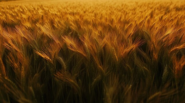 Ripening heads of wheat fill a serene field at sunset, capturing the beauty of nature. This image of ripening wheat reflects the warmth and tranquility of dusk, with ample copy space.