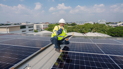 Engineer service check installation solar cell on the roof of factory. Silhouette technician inspection and repair solar cell on the roof of factory. Technology solar energy renewable.