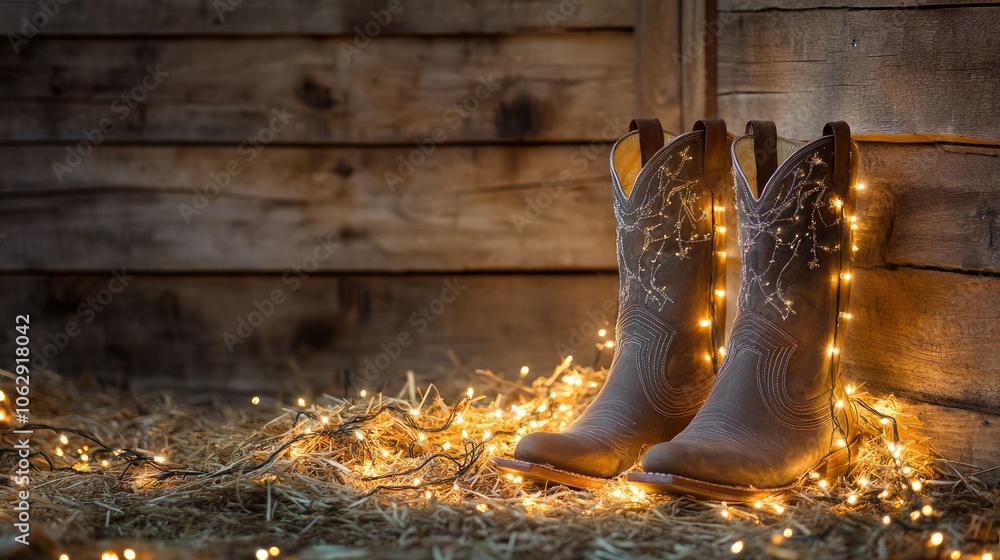 Poster rustic cowboy boots with warm string lights display