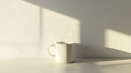 Minimalist wall setting with a clean white mug, utilizing natural light to enhance the simplicity, the design is perfect for mock-ups with ample copy space.