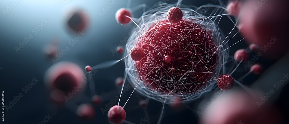 Poster glowing shimmering orb with intricate interconnected molecular structures fractal like geometric lat
