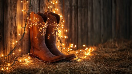 Rustic Cowboy Boots with Warm String Lights
