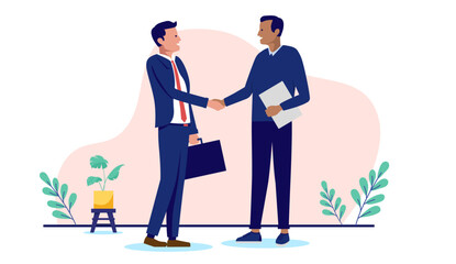 Business deal handshake - Two diverse businesspeople men, negotiating, shaking hands and being friendly over agreement and cooperation in office work setting. Flat design stock illustration