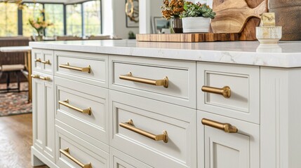 White kitchen cabinets with gold hardware. AI.