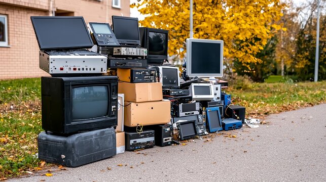 A pile of old electronics on a sidewalk.