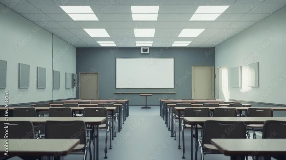Poster a spacious classroom featuring an empty whiteboard at the front, with desks neatly arranged in rows,