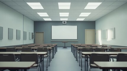 A spacious classroom featuring an empty whiteboard at the front, with desks neatly arranged in rows, without people