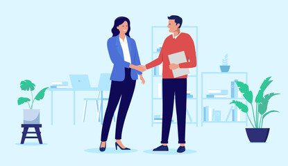 Deal and agreement handshake - Two professional business people, man and woman shaking hands in office work setting while smiling and being friendly. Flat design vector stock illustration