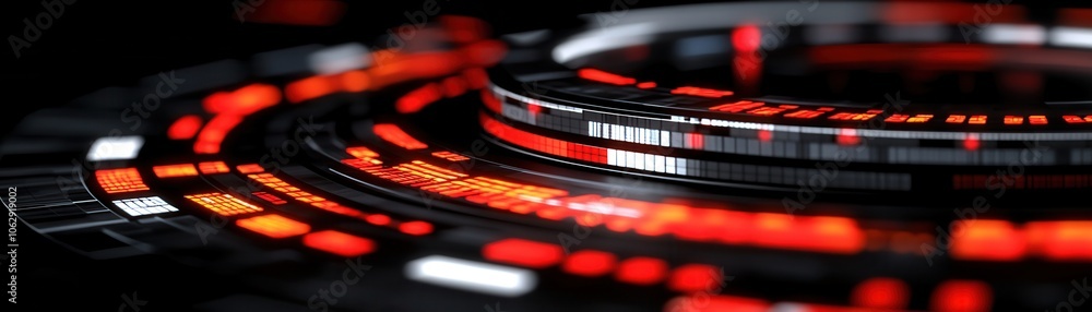 Poster abstract design showcasing a vibrant array of red, black, and white circular patterns, ideal for tec