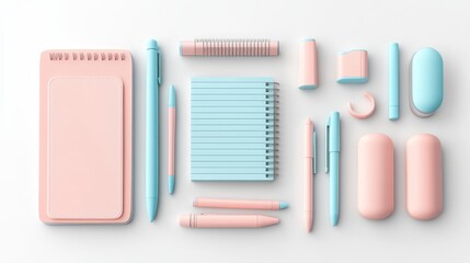Soft Pastel 3D Stationery Set on White Background