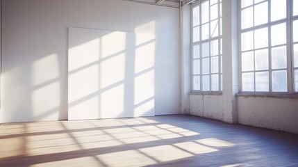 A spacious room with an empty whiteboard, bright sunlight pouring in from large windows, casting soft shadows