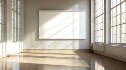 Fototapeta premium A spacious room with an empty whiteboard, bright sunlight pouring in from large windows, casting soft shadows