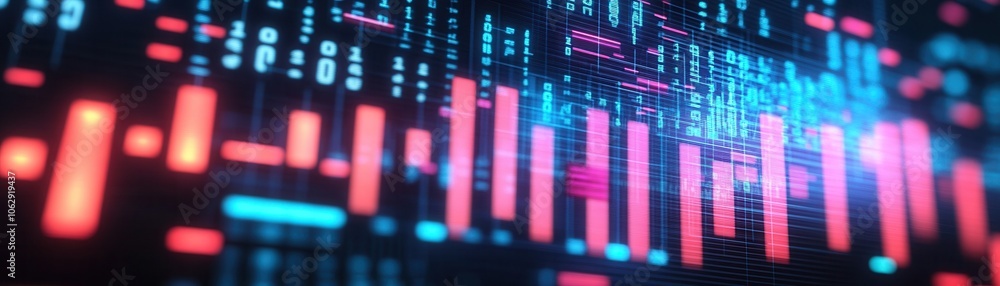 Poster abstract digital graphic representing data trends with vibrant colors and bar charts for tech and fi