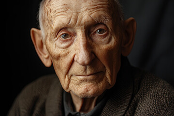 Obraz premium An elderly man with a weathered face, gazing at the camera with a calm, wise expression