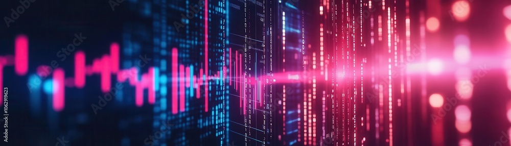 Poster abstract digital visualization with vibrant pink and blue lines, representing data flow and technolo