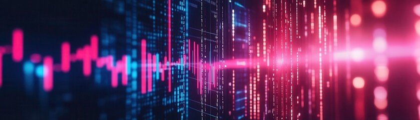 Abstract digital visualization with vibrant pink and blue lines, representing data flow and technological advancement.