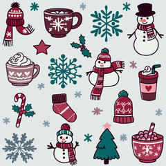 A collection of icons with a winter theme including snowflakes, snowmen and cups of hot chocolate, a Christmas tree and a Christmas lollipop