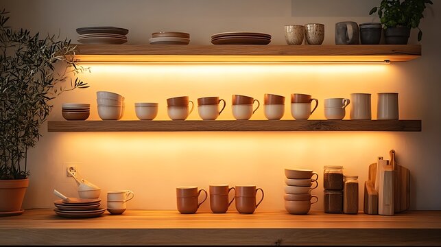 Stylish kitchen corner with floating shelves, soft warm lighting highlighting a collection of matching mugs and plates in earthy tones, creating a relaxed and organized space. --ar 16:9