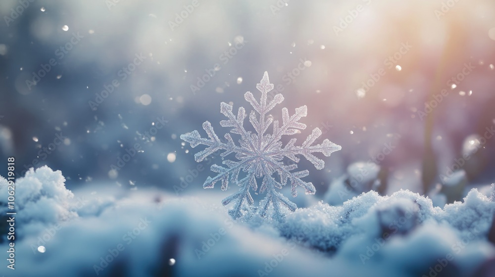 Poster snowflake on soft snow background in winter scene
