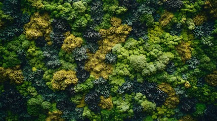 Naklejka premium A close-up of a moss wall with various shades of green and yellow moss. The moss creates a beautiful and organic pattern.