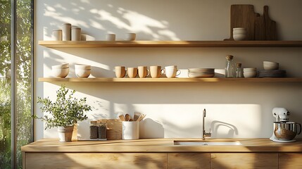 Stylish kitchen corner with floating shelves, soft warm lighting highlighting a collection of matching mugs and plates in earthy tones, creating a relaxed and organized space. --ar 16:9
