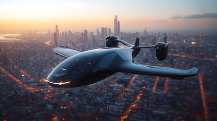 Illustration of Futuristic Electric Air Taxis Flying Over a Modern Cityscape
