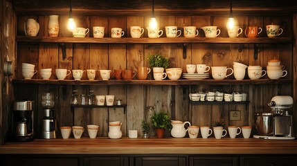 Vintage kitchen corner illuminated by warm Edison bulbs, displaying a collection of antique cups on wooden shelves, with neatly arranged vintage utensils adding charm and nostalgia. --ar 16:9