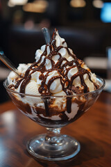 A bowl of ice cream with chocolate syrup and whipped cream