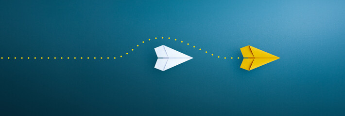 Business competition, solution, overcoming barriers and Leadership concept with paper plane