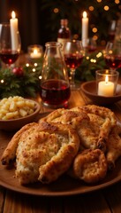 Festive holiday dinner featuring golden pastries, wine, and candlelit table setting
