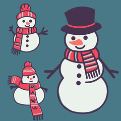 Three snowmen wearing red scarves and hats. The snowmen are smiling and look happy