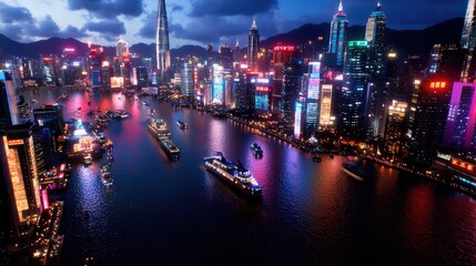 Illuminate your night explore the vibrant cityscape of modern urban architecture and waterfront beauty