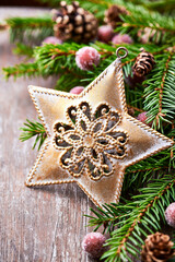 Christmas decoration on rustic wooden background. Close up.	