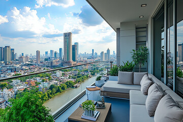 View of a city skyline from the balcony of a luxury apartment