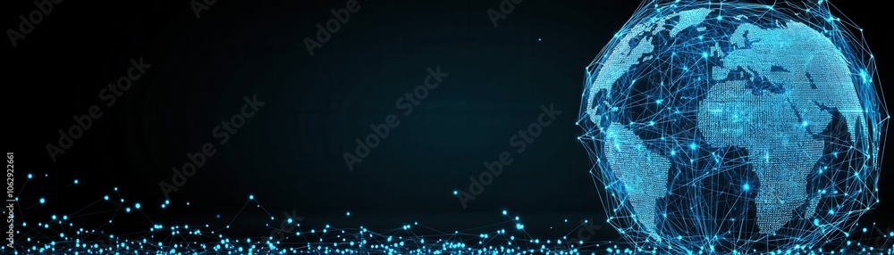 Poster digital globe design with glowing particles, representing global connectivity and technology in a da