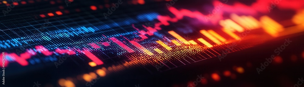 Poster dynamic abstract data visualization with vibrant colors representing market trends and financial ana