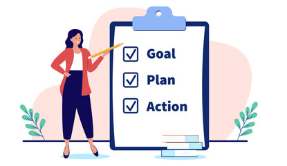 Fototapeta premium Business strategy plan - Businesswoman with checklist on clipboard working, planning project progress and making plans while smiling. Flat design vector stock illustration with white background