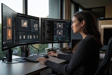 A female AI ethics researcher studies algorithm bias detection on multiple screens, reviewing demographic data and fairness metrics in a collaborative, well-lit modern office environment