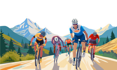 Bicycle race in nature. Bicycle athletes climbing uphill, mountain landscape in the background vector illustration