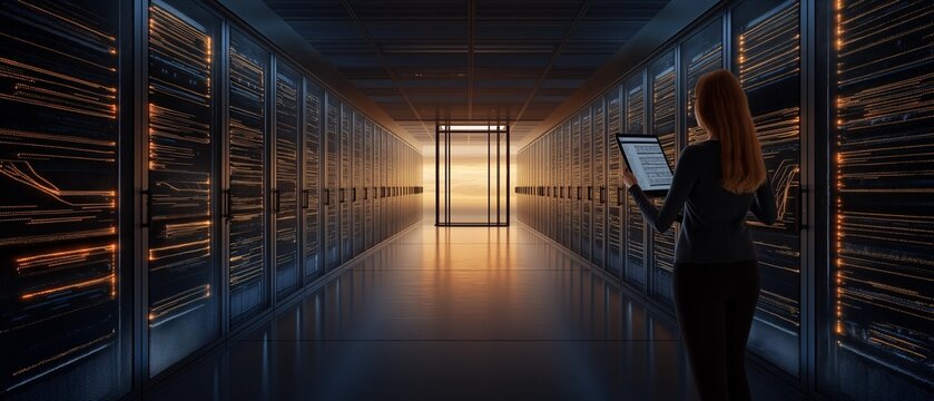 A woman monitors training clusters from within a high-tech data center, analyzing multiple dashboards as blue LED lights illuminate the space and advanced cooling systems support the GPUs