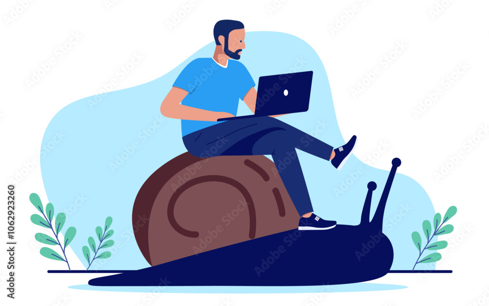 Poster working slow - man person with laptop computer doing boring work slowly and not moving forward in pr