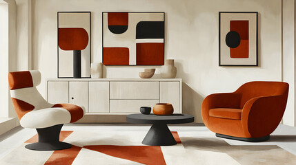 A modern living room with two armchairs, a coffee table, and three abstract paintings.