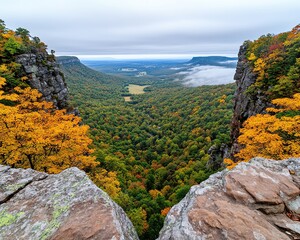 Autumn mountain landscape with misty valleys, majestic and serene